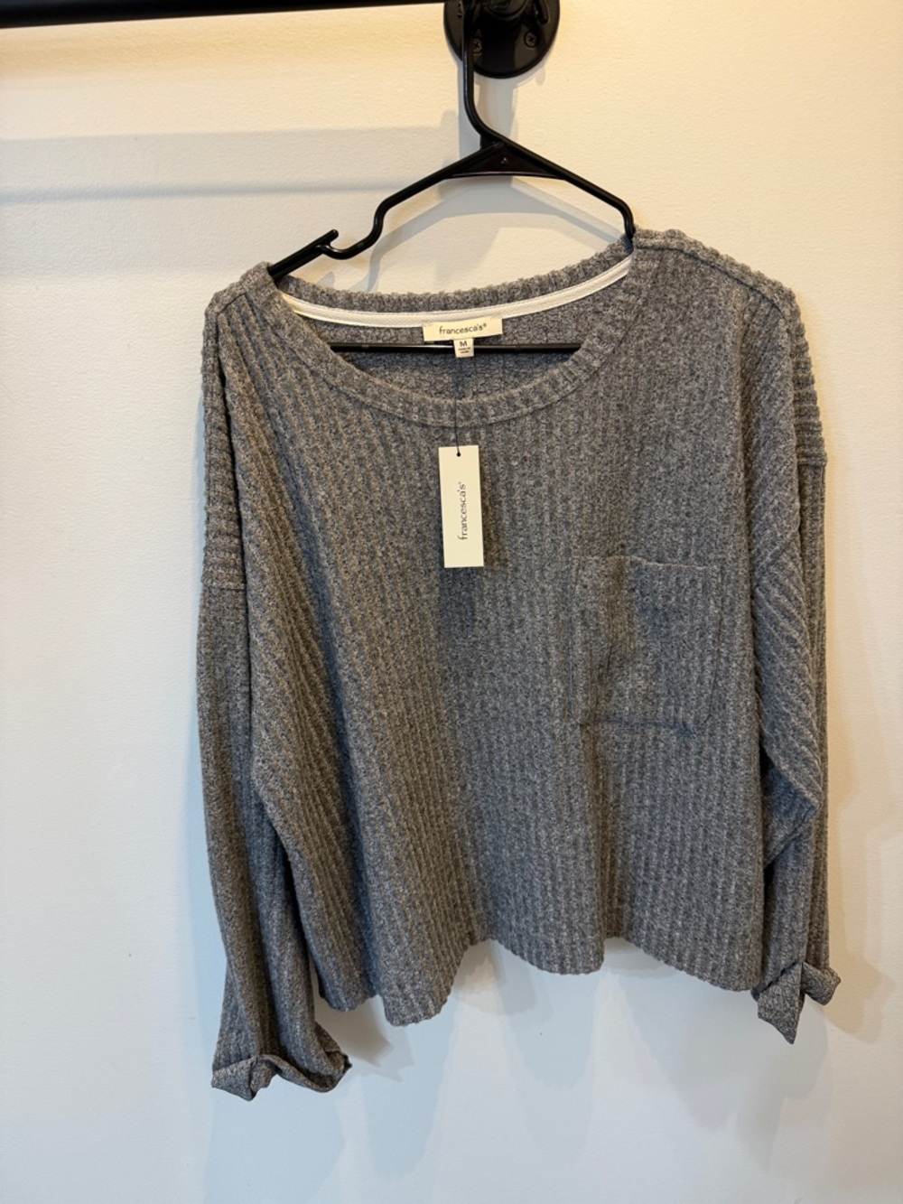 Francesca's Collections Gray Ribbed Knit Pocket Sweater